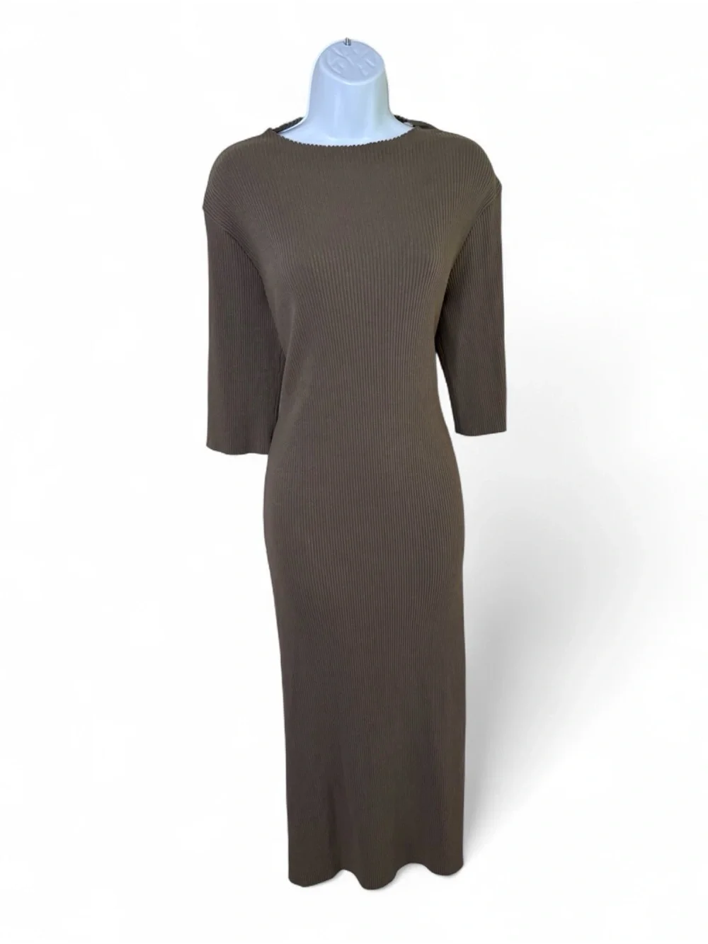 Vince Cotton Spandex Ribbed Mock Neck Elbow Sleeve Dress Taupe L